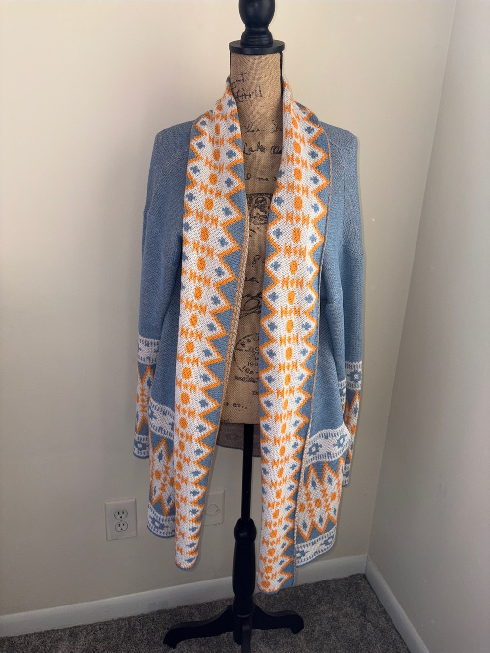 Light Blue Open Front Fair Isle Cardigan with Orange Pattern